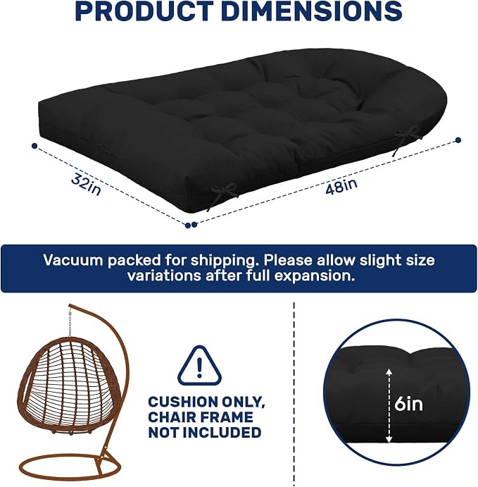 idee-home Egg Chair Cushion Replacement, Hanging Chair Cushion Outdoor | Wicker Hammock Swing Cushioned for Patio, Black（Without Chair）