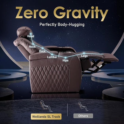 Weilianda Home Theater Seating Top Grain Leather Zero Gravity Recliner Chair Power Headrest Recline Movie Seat Gaming 7 Colors Mood Light Sofa with Tray Table USB Charge Row of 2 Loveseat Brown