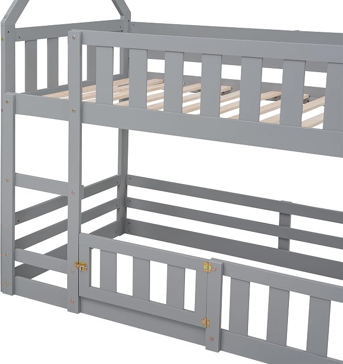 SOFTSEA Twin Over Twin House Bunk Bed, Solid Wood House Bunk Bed Frame with Ladder, Door & Safety Guardrails, Floor Bunk Beds for Kids, Noise Free, Easy Assembly, Grey