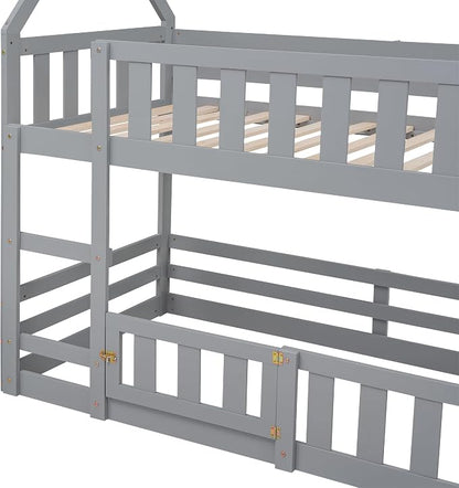 SOFTSEA Twin Over Twin House Bunk Bed, Solid Wood House Bunk Bed Frame with Ladder, Door & Safety Guardrails, Floor Bunk Beds for Kids, Noise Free, Easy Assembly, Grey