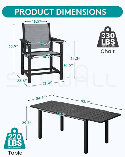 SERWALL HDPE Outdoor Dining Set for 8 with Textilene Chairs, Black | 60" - 83" Aluminum Expandable Patio Dining Table and Breathable Textilene Chairs, All Weather HDPE Patio Furniture Set