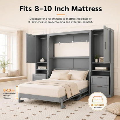 Queen Murphy Bed with Desk, Wall Bed Cabinet with Storage Shelves, Enclosed Cabinets and Hidden Foldout Workstation, Folding Cabinet Bed, Space Saving Bed for Guest Room, Home Office (Gray)