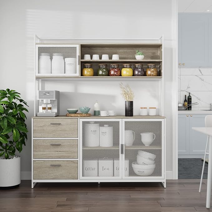 AIEGLE Large Kitchen Hutch Storage Cabinet, Pantry Cabinets with Hutch, Metal Frame Cupboard with Mesh Door, Drawer & Microwave Shelf, Freestanding Kitchen Storage, Beige (59" W x 15.7" D x 68.5" H)