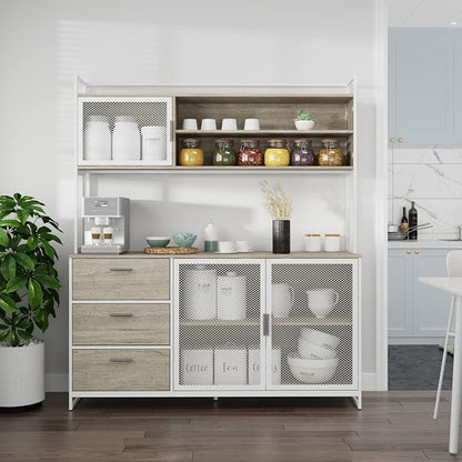 AIEGLE Large Kitchen Hutch Storage Cabinet, Pantry Cabinets with Hutch, Metal Frame Cupboard with Mesh Door, Drawer & Microwave Shelf, Freestanding Kitchen Storage, Beige (59" W x 15.7" D x 68.5" H)