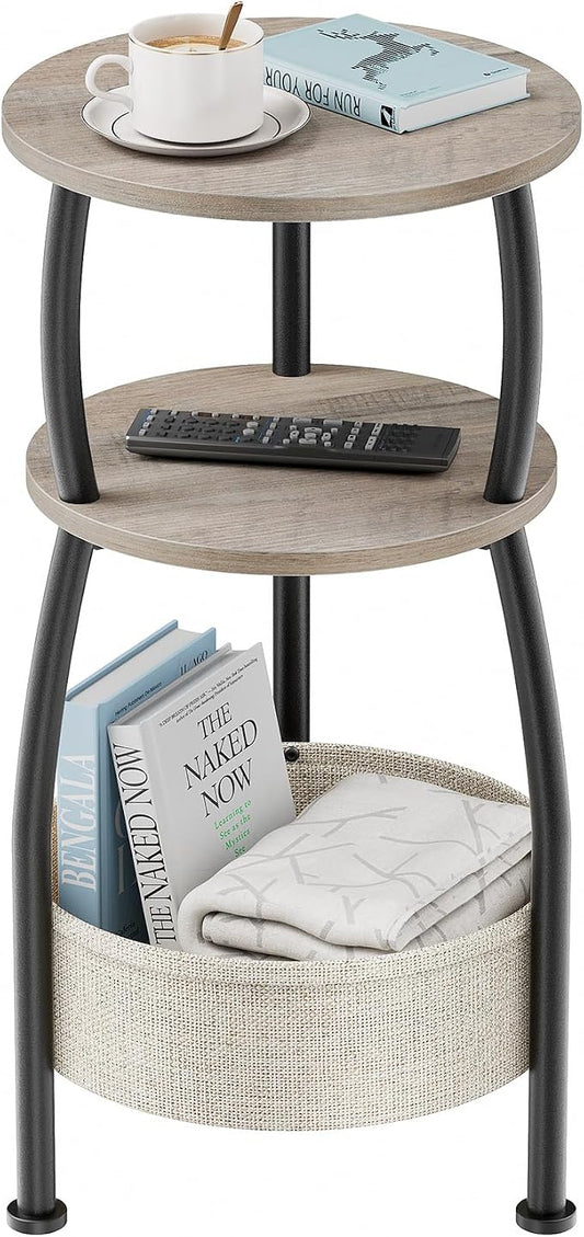Round Side Table with Storage Basket –Small Space Saving End Table 3-Tier Coffee Table Bedside Corner Stand for Living Room, Bedroom, Garden and More 24in Tall Greige