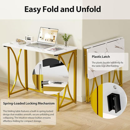 Folding Desk, 31.5" Small Desk for Bedroom, Space Saving Foldable Computer Desk for Home Office, Easy Assembly, White and Gold