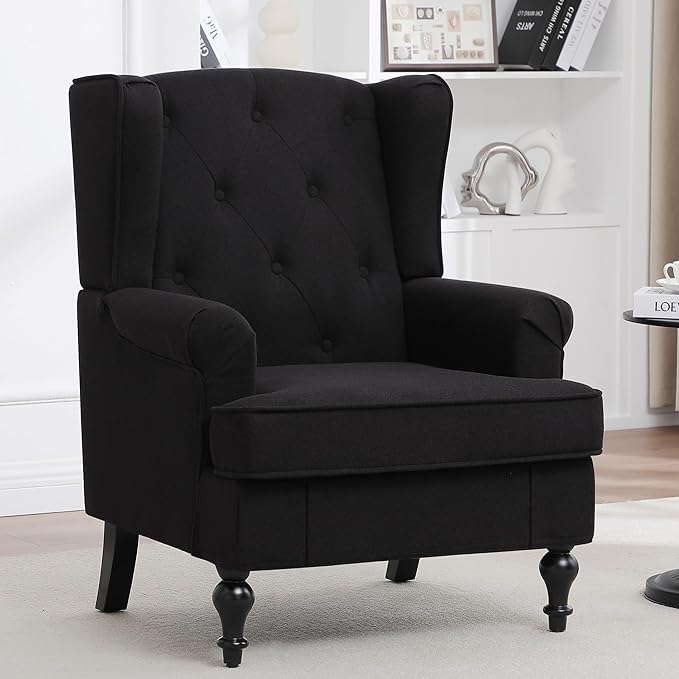 Accent Chair Set of 2, Mid Century Modern Fabric Wingback Chair, Upholstered Armchair with High Back and Vintage Legs, Comfy Single Sofa Side Reading Chair for Living Room Bedroom, Black