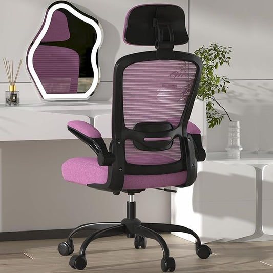 Mimoglad Office Chair, High Back Ergonomic Desk Chair with Adjustable Lumbar Support and Headrest, with flip-up Armrests for Guitar Playing, 5 Years Warranty (Modern, Orchid(Black Frame))