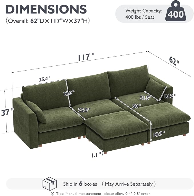 Ihanherry 117" Oversized Modular Sectional Sofa, Modern U Shaped Cloud Couch with 2 Storage Ottoman, 5-Seat Comfy Chenille Deep Seat Sofa with 2 Pillows for Living Room, Green