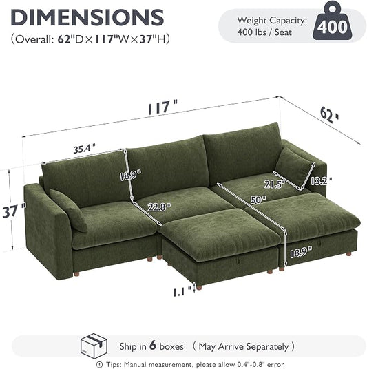 Ihanherry 117" Oversized Modular Sectional Sofa, Modern U Shaped Cloud Couch with 2 Storage Ottoman, 5-Seat Comfy Chenille Deep Seat Sofa with 2 Pillows for Living Room, Green