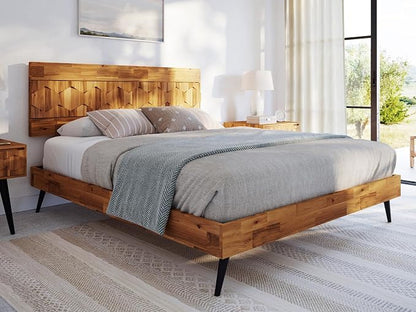 Bme Georgina Signature Bed Frame with Handcrafted Geometric Headboard, Mid Century Modern, Solid Acacia Wood, No Box Spring Needed, 12 Strong Wood Slats Support, Easy Assembly, Teak Brown, Queen
