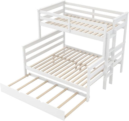 Merax Twin XL Over Queen Bunk Bed Wood Detachable Bunk Bed with Trundle & Ladder, Multifunction Bunk Bed with Full Length Gardrails, No Box Spring Needed,Space Saving,White