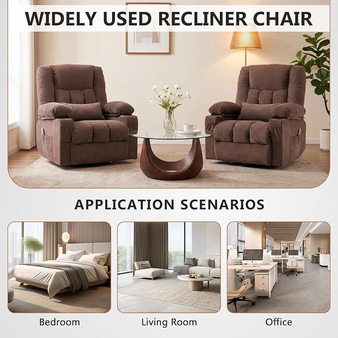Swivel Rocker Recliner Chair with Vibration Massage and Heat Ergonomic Lounge Chair for Living Room with Rocking Function and Side Pocket, 2 Cup Holders, USB Charge Port