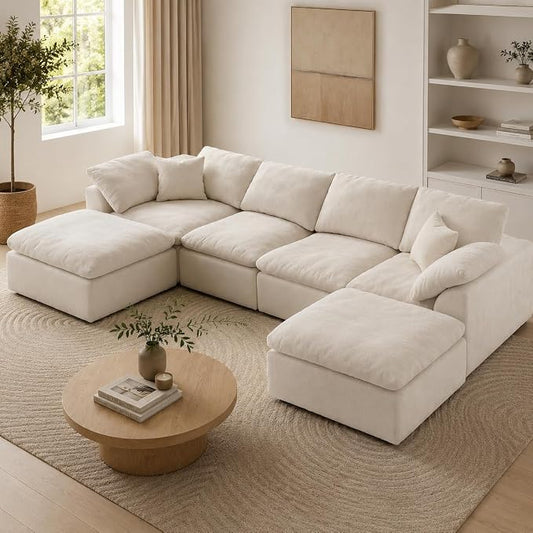 138" Boneless Cloud Couch Sectional for Living Room, Oversized Modular U Shaped Sofa with Double Chaise, Deep Seat Chenille Sectional Couch for Cloud-Like Comfort(U-Shaped Beige)
