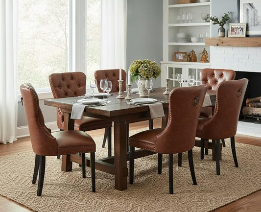 CIMOTA Brown Leather Dining Chairs Set of 6 Mid Century Modern Dining Room Chairs Tufted Upholstered Kitchen Dining Chairs Comfortable Side Chairs with Nailhead Trim/Ring Back (PU /6PCS)