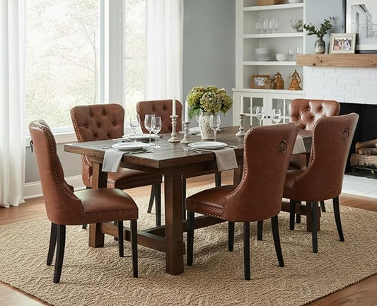 CIMOTA Brown Leather Dining Chairs Set of 8 Mid Century Modern Dining Room Chairs Tufted Upholstered Kitchen Dining Chairs Comfortable Side Chairs with Nailhead Trim/Ring Back (PU /8PCS)