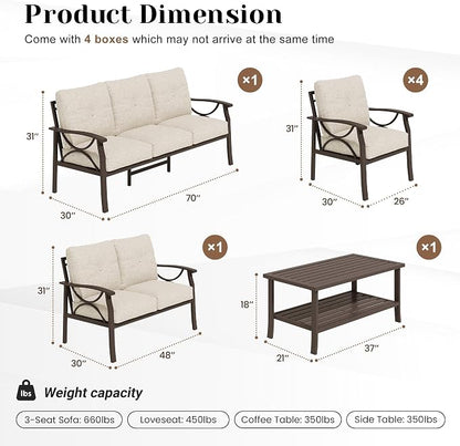 FansaFurn 7-Pieces Outdoor Patio Furniture Set, Outdoor Metal Sectional Furniture with Cushions, Outdoor Conversation Seating Set with Coffee Table for Garden, Balcony, Deck, Backyard, Khaki