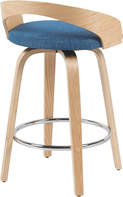Sonia Modern Swivel Counter Height Bar Stool with Blue Upholstered Seat and Patterned Oak Wood Finish Set of 4