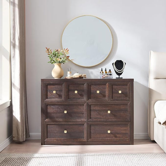 6 Drawers Dresser for Bedroom-46.5" Wide Wooden Chest of Drawers with Large Storage, Long Dresser TV Stand with Drawers, Farmhouse Closet Dressers for Living Room Bedroom, Brown