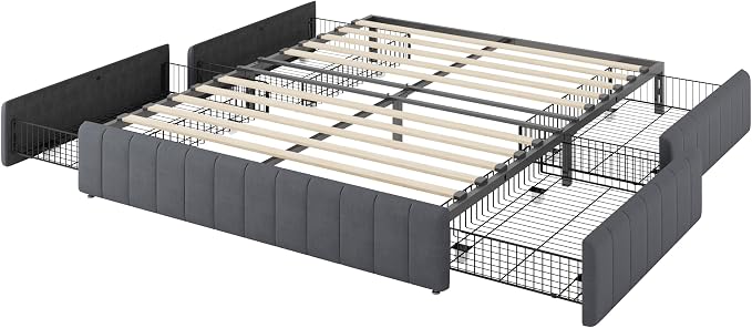 Allewie Queen Size Platform Bed Frame with 4 Large Storage Drawers, Velvet Vertical Channel Tufted Upholstered Bed Base, Wooden Slats Support, Noise-Free, No Box Spring Needed, Easy Assembly, Grey