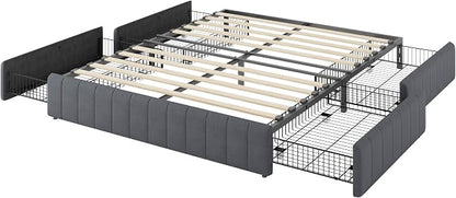 Allewie Queen Size Platform Bed Frame with 4 Large Storage Drawers, Velvet Vertical Channel Tufted Upholstered Bed Base, Wooden Slats Support, Noise-Free, No Box Spring Needed, Easy Assembly, Grey