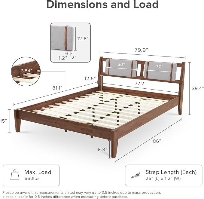 mopio Ted Bed Frame with Headboard, Mid Century Modern Acacia Solid Wood Platform Bed Frame, Wooden Slats, No Box Spring, Double Metal Bar Support (Solid Wood Upholstered, King (U.S. Standard))