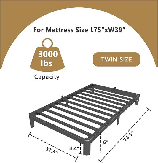 ITIMIDI 6 Inch Twin Size Bed Frame with Metal Gaskets, No Box Spring Needed, DIY Headboard, Heavy Duty Steel Slat Support, Anti-Slip Mattress Stopper, Round Corner Leg, Easy Assembly, Black