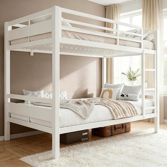 Bunk Bed Full Over Full, Heavy Duty Metal Bunkbeds with Full-Length Guardrail, Space-Saving Steel Bed for Kids & Adults, No Box Spring Required, White