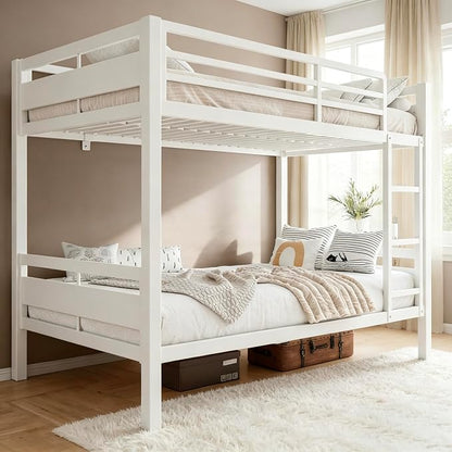 Bunk Bed Full Over Full, Heavy Duty Metal Bunkbeds with Full-Length Guardrail, Space-Saving Steel Bed for Kids & Adults, No Box Spring Required, White