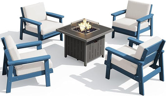 SERWALL Patio Furniture Set with 33” Fire Pit Table, HDPE Outdoor Sectional Sofa Set with Thickened Cushions, Blue Frame with Khaki Cushions
