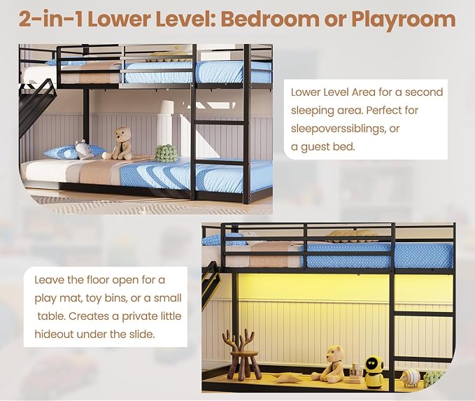 Twin Over Twin Bunk Bed with Slide 40° Gentle-Slope & LED Light, House-Shaped Low Bunk Bed Twin Size with 13.4" Extra-Tall Guardrail & Ladder, Heavy Duty, No Box Spring Needed, Easy Assembly, Black