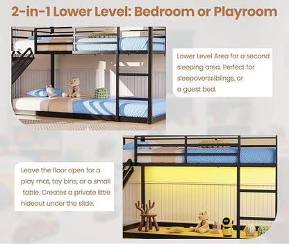 Twin Over Twin Bunk Bed with Slide 40° Gentle-Slope & LED Light, House-Shaped Low Bunk Bed Twin Size with 13.4" Extra-Tall Guardrail & Ladder, Heavy Duty, No Box Spring Needed, Easy Assembly, Black