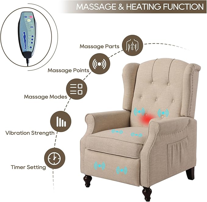 Wingback Recliner Chair with Massage and Heat Tufted Fabric Push Back Arm Chair, Recliner Chair for Living Room Bedroom Home Theater (2,Beige)