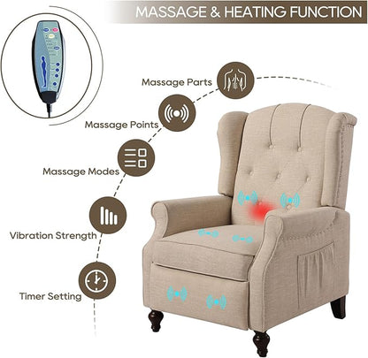Wingback Recliner Chair with Massage and Heat Tufted Fabric Push Back Arm Chair, Recliner Chair for Living Room Bedroom Home Theater (2,Beige)