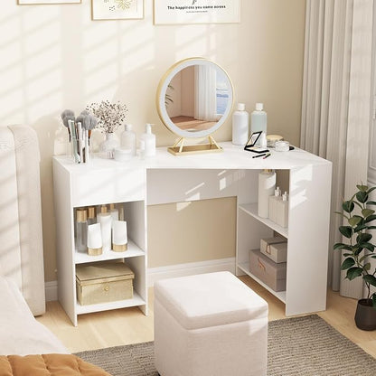 Tangkula White Desk with Storage Drawer & 4 Shelves, Space Saving Corner Desk for Small Spaces, Modern Home Office Laptop Workstation, Writing Study Table, Vanity Table for Bedroom (White)
