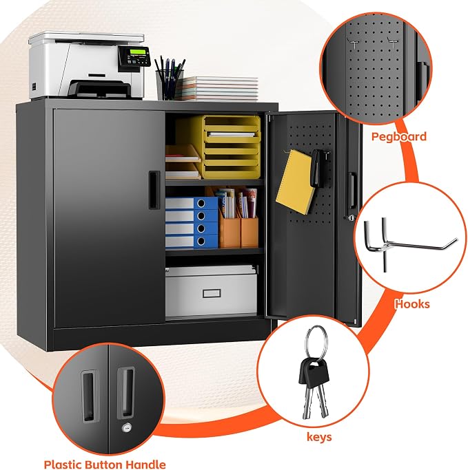 Metal Garage Storage Cabinet with Lock and Pegboard, Locking File Cabinets with Doors and Shelves for Office,Home,Garage,Gym, School, Assembly Required, Black