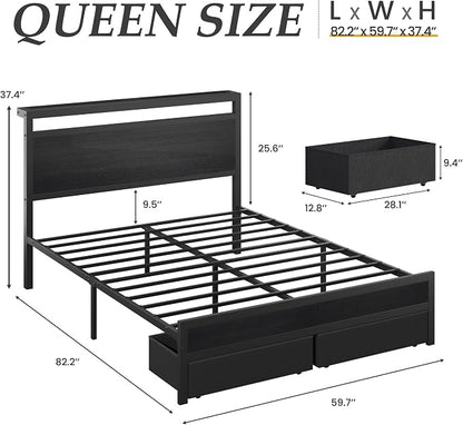 HISOFT Queen Bed Frame with Storage, Wood Headboard with Fast Charging Station, LED Lights, Platform Bed Frame Queen Size, Fabric Drawers with Wheels, No Box Spring Needed, Noise Free, Black