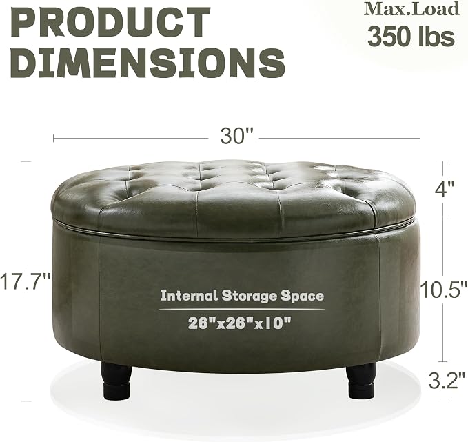 30-Inch Round Storage Ottoman, Button Tufted Ottoman Coffee Table with Removable Top for Living Room, Bedroom, Office (Green)