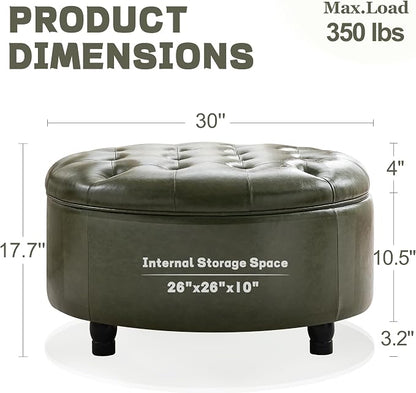 30-Inch Round Storage Ottoman, Button Tufted Ottoman Coffee Table with Removable Top for Living Room, Bedroom, Office (Green)