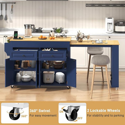 80"-48" Extendable Kitchen Island with Extended Dining Table and Power Outlet,Large Mobile Kitchen Storage Islands with 2 Storage Drawers,Rolling Islands Cart with 3 Extra Rows Open Shelves(Blue)