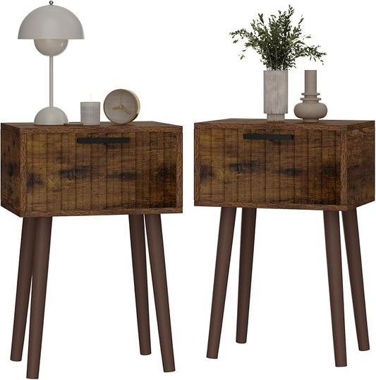 YMYNY Fluted Nightstand Set of 2, Small End Table, Modern Coffee Table with Drawer, Solid Wood Legs, Retaining Chain, 13.8" x 10.6" x 20.9", for Bedroom and Small Spaces, Rustic Brown UHST014H-2