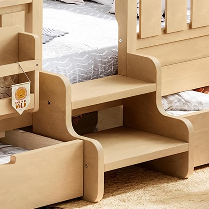 Bellemave Full Size Kids Montessori Bed with Stairs and Bookshelf,Solid Wood Full Size Kids Bed Frame with Drawers and Storage for Girls Boys,Low-Profile,Light Natural