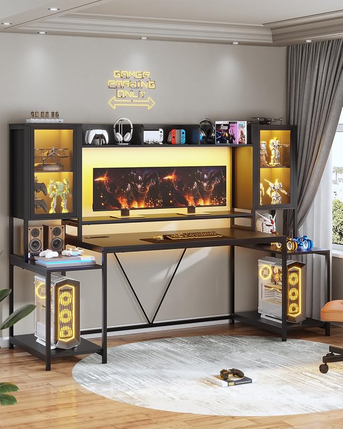 SEDETA Gaming Desk 74.8'' with LED Lights, Hutch and Storage Shelves, Computer Desk with Monitor Stand, Large PC Gamer Desk Workstation, Ergonomic Gaming Table for Bedroom, Living Room, Black