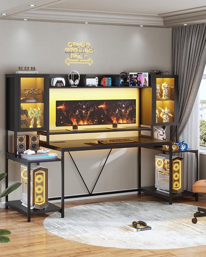 SEDETA Gaming Desk 74.8'' with LED Lights, Hutch and Storage Shelves, Computer Desk with Monitor Stand, Large PC Gamer Desk Workstation, Ergonomic Gaming Table for Bedroom, Living Room, Black