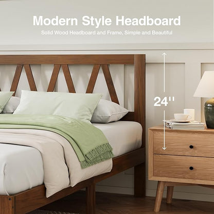 Novilla 12 Inch Queen Bed Frame with Headboard Bed Frame Queen Size Solid Wooden Bed Frame Foundation with Wood Slat Support, No Box Spring Needed, Easy Assembly, Walnut