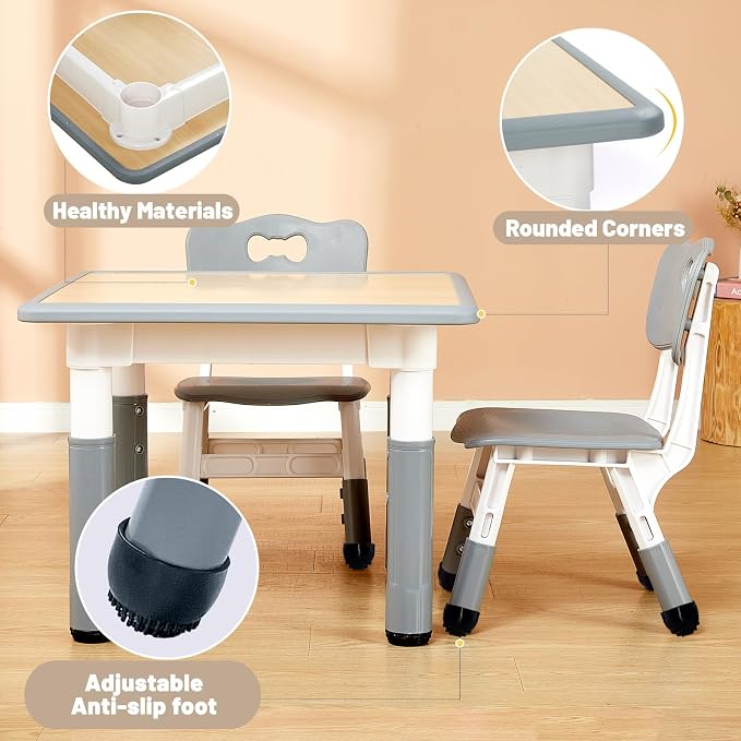 FUNLIO Adjustable Kids Table, 3-Level Height for Ages 3-8, Easy to Wipe Arts & Crafts Toddler Table for Classrooms/Daycares/Homes, CPC & CE Approved, 23.6 x 23.6 Inches - Grey