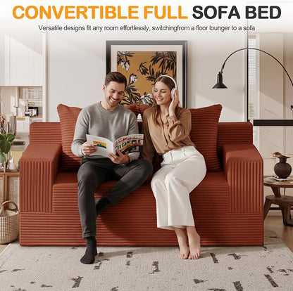 Erament Convertible Sofa Bed, Loveseat Folding Floor Futon Sleeper Sofa Couch Bed- Boneless Foldable Couch, Corduroy Pull Out Sofa Bed with 2 Pillows for Living Room & Bedroom