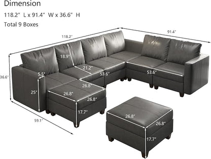 EASE MOOSE Faux Leather Modualr Sectional Couch with Storage,Gray Faux Leather Sectional Sofa Modular Couch,Grey