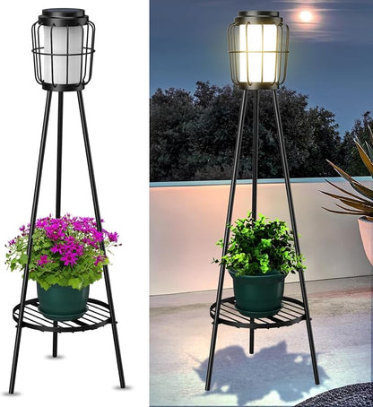 MXwcy 2 Pack Solar Lights Outdoor with Plant Stand, Waterproof Solar Floor Lamp & Tall Metal Planter Holder for Outside, Decorative Tripod Pathway Lantern for Patio, Garden, Porch, Yard Decor