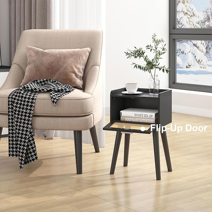 LAATOOREE Nightstand Set of 2, Small Black Bedside Table, End Table with Rattan Door, Boho Side Table with Solid Wood Legs for Bedroom Living Room Small Space